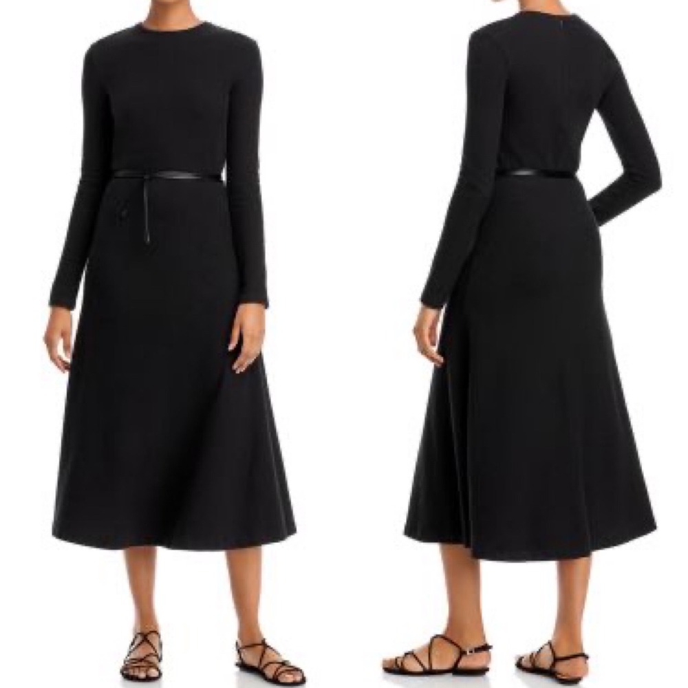 Vince Long Sleeved Tie Waist Dress Black Size Large Midi Maxi Sweater Minimalist